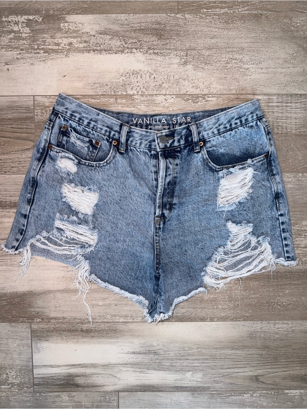90s Boyfriend Distressed Denim Shorts Light Wash Frayed Raw Hem Festival Size 13